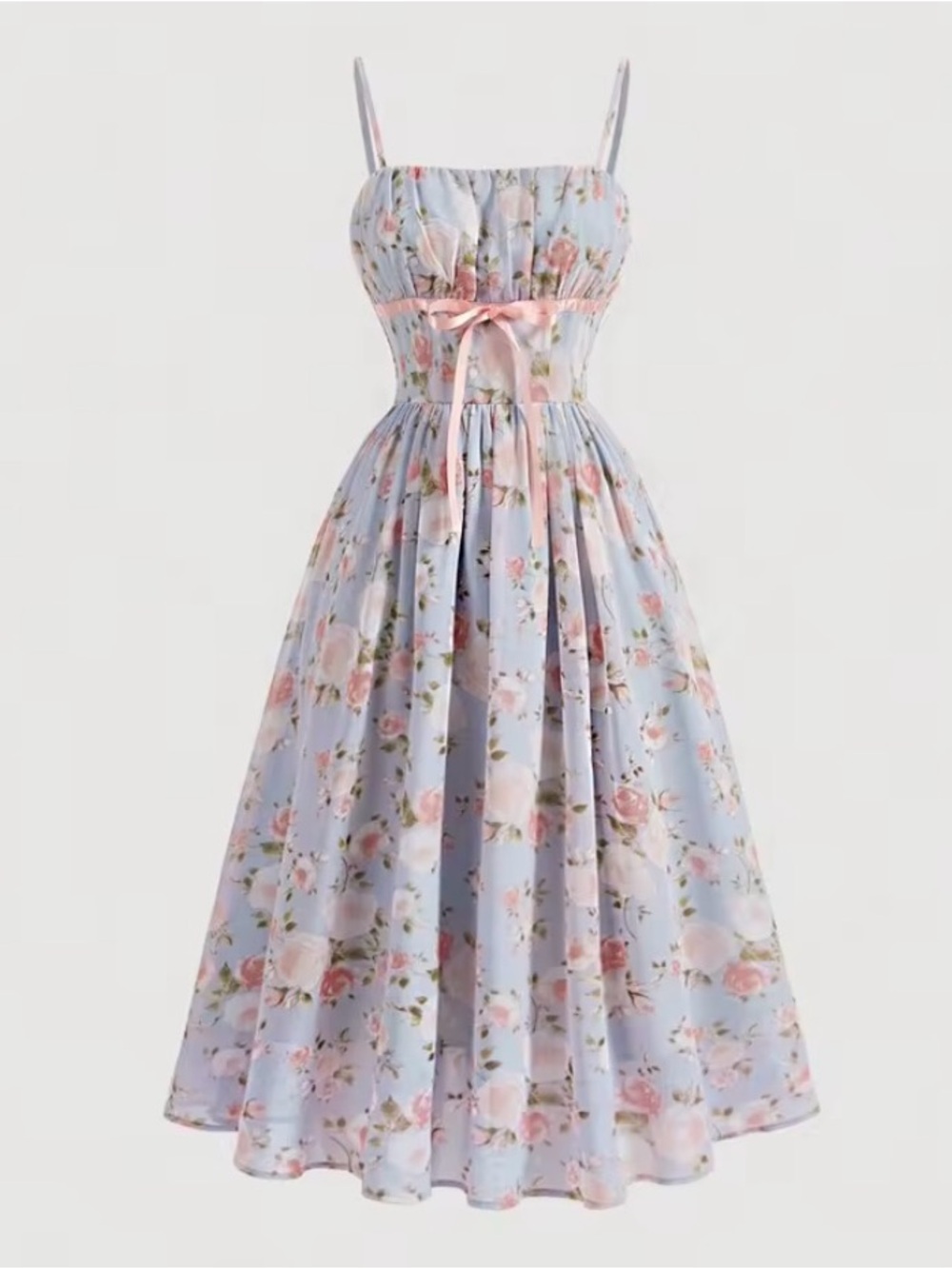Pastel Blue Floral A-Line Midi Dress with Pink Ribbon